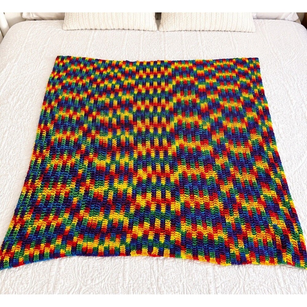 Handmade Rainbow Crochet Baby Blanket Throw Afghan Coverlet 42x41 Colorful